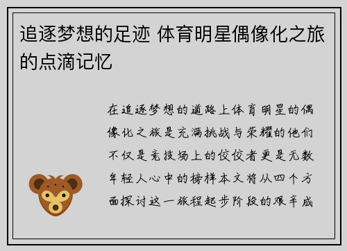 追逐梦想的足迹 体育明星偶像化之旅的点滴记忆