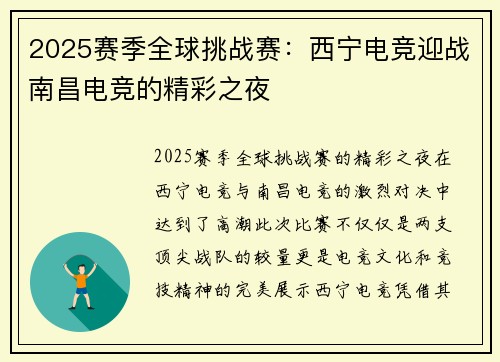 2025赛季全球挑战赛：西宁电竞迎战南昌电竞的精彩之夜